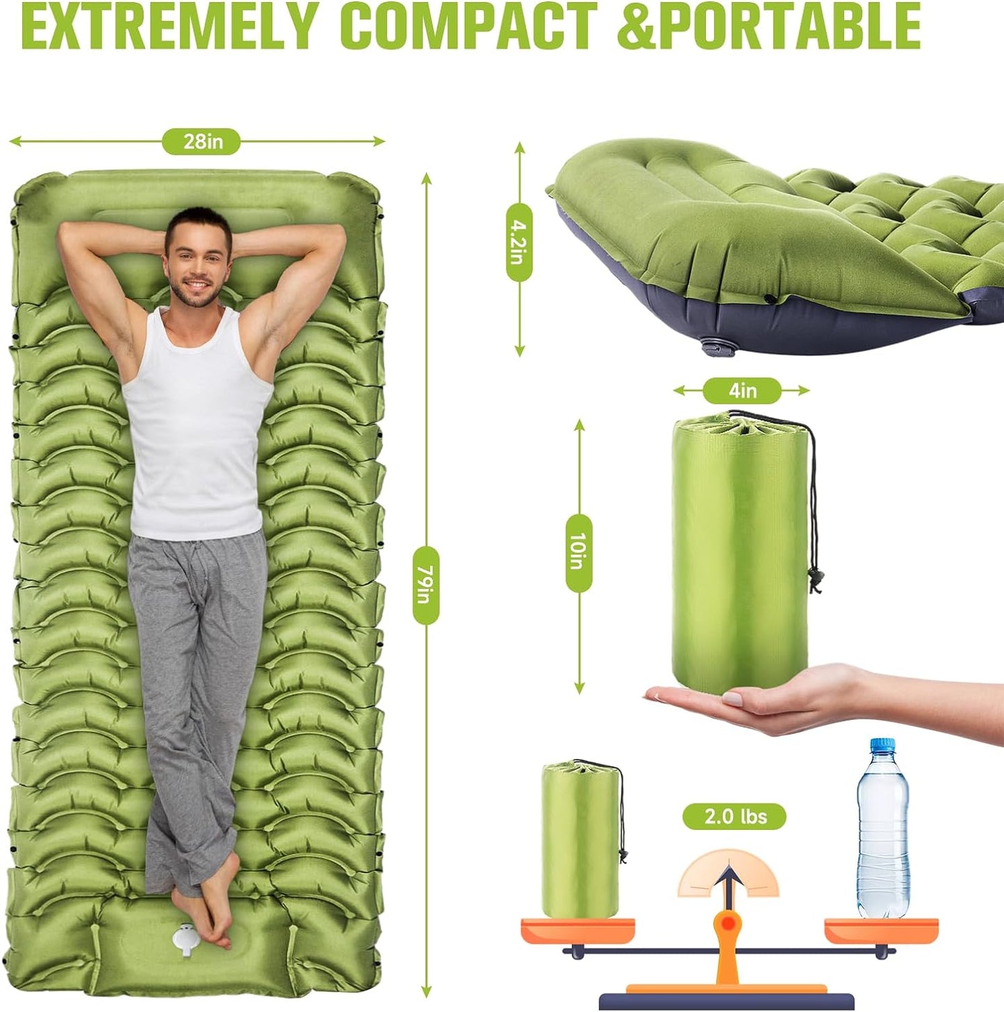 Sleeping Pad, Ultralight Inflatable Sleeping Pad for Camping with Pillow