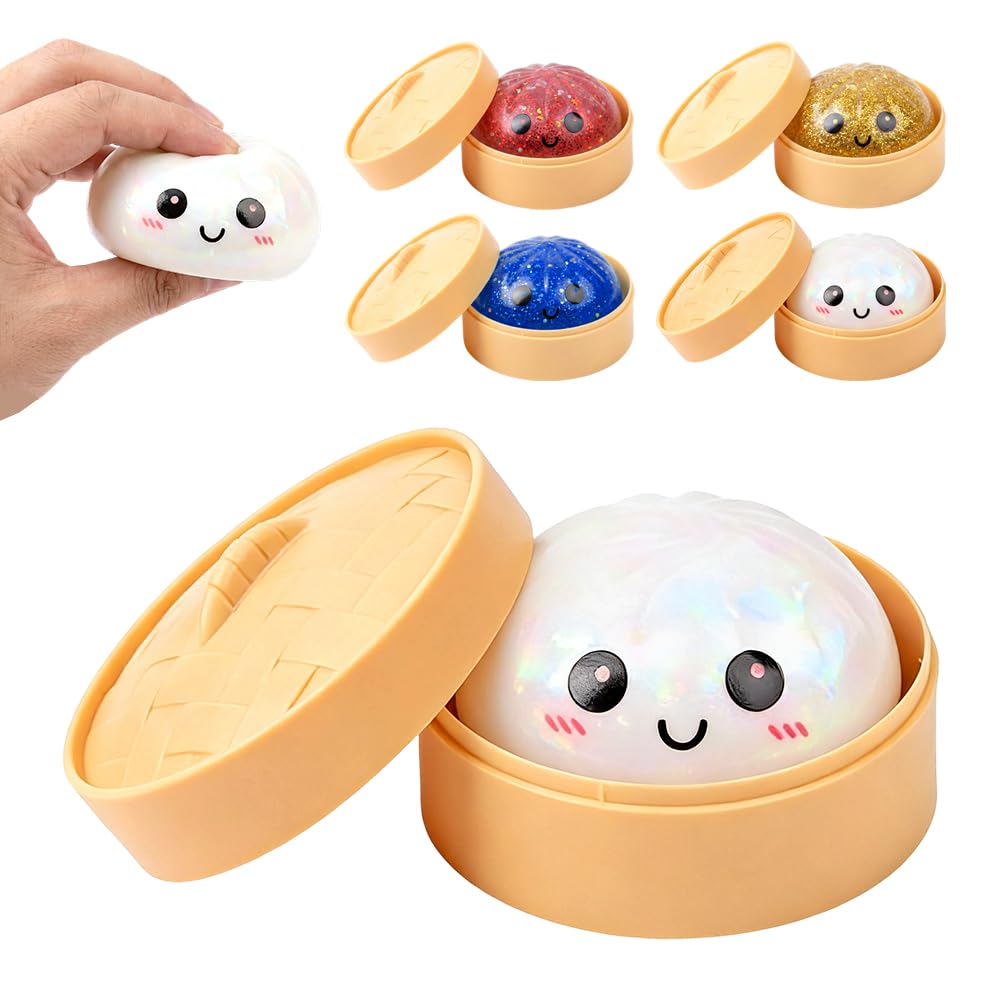 2026 New Shimmering Dumpling Squishies, Dumpling Squishy Mystery Box, Colorful Dumplings Stress Balls Fidget Sensory, Squeeze Dough Ball Stress Relief Hand with Food Steamer Stretchy Desk