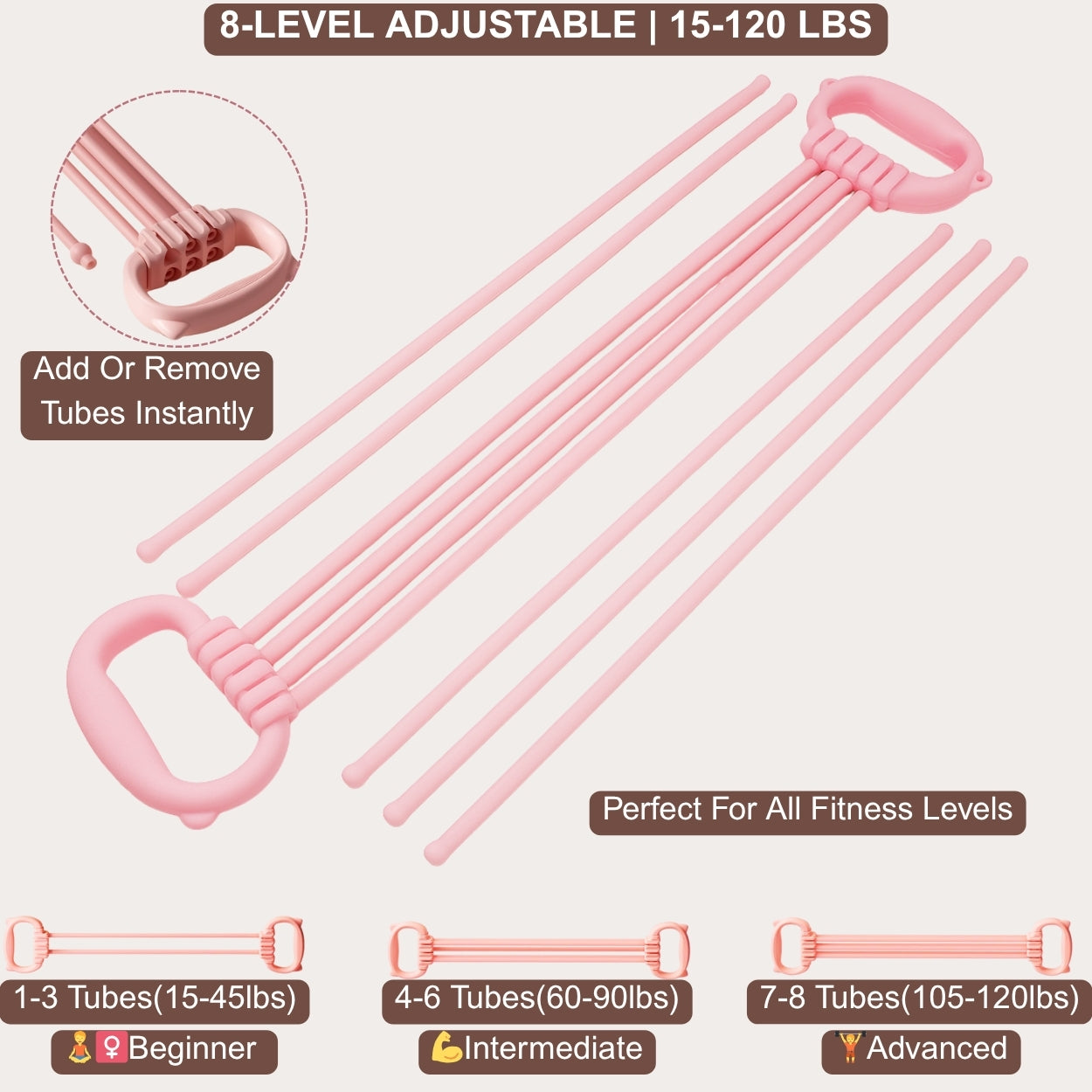 Resistance Bands with Handles - 8 Tube Adjustable Silicone Exercise Bands Set for Women