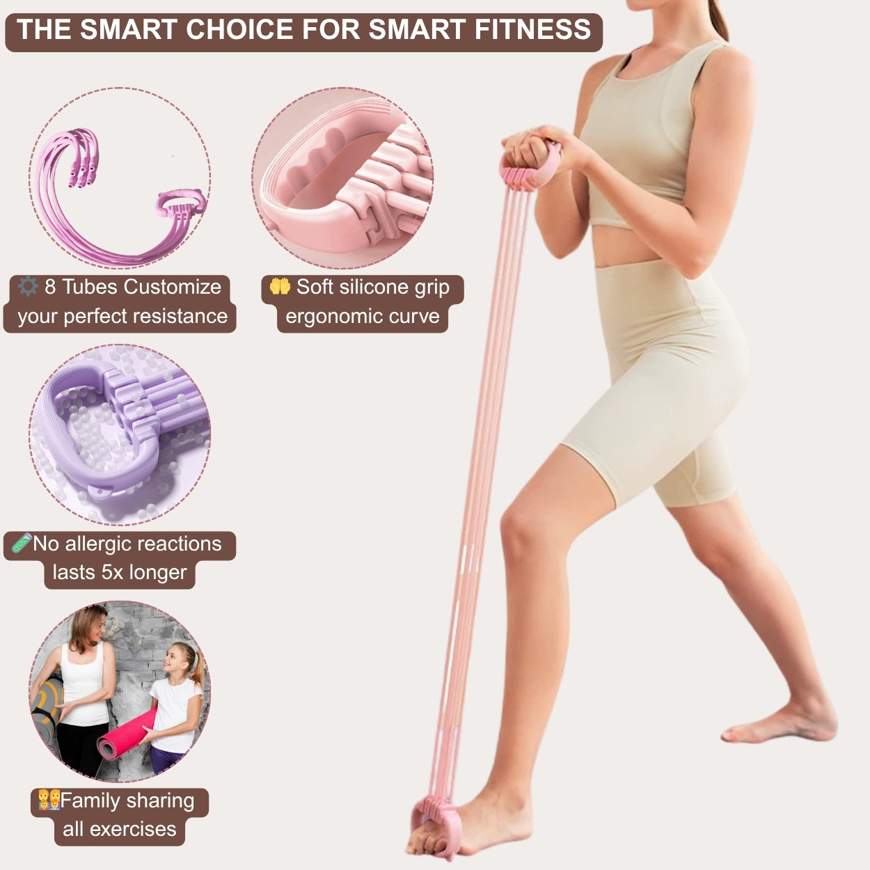 Resistance Bands with Handles - 8 Tube Adjustable Silicone Exercise Bands Set for Women