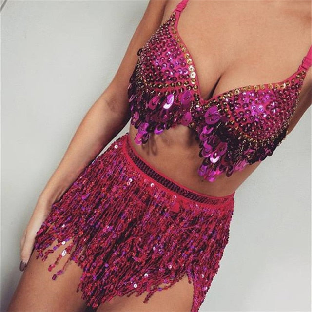 Women's Sequin Tassel Skirts Rave Fringe Hip Scarf for Festival
