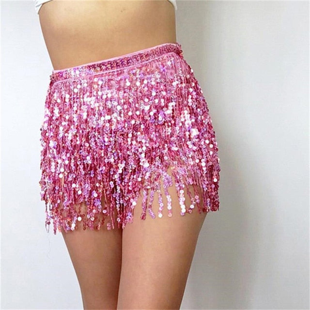 Women's Sequin Tassel Skirts Rave Fringe Hip Scarf for Festival