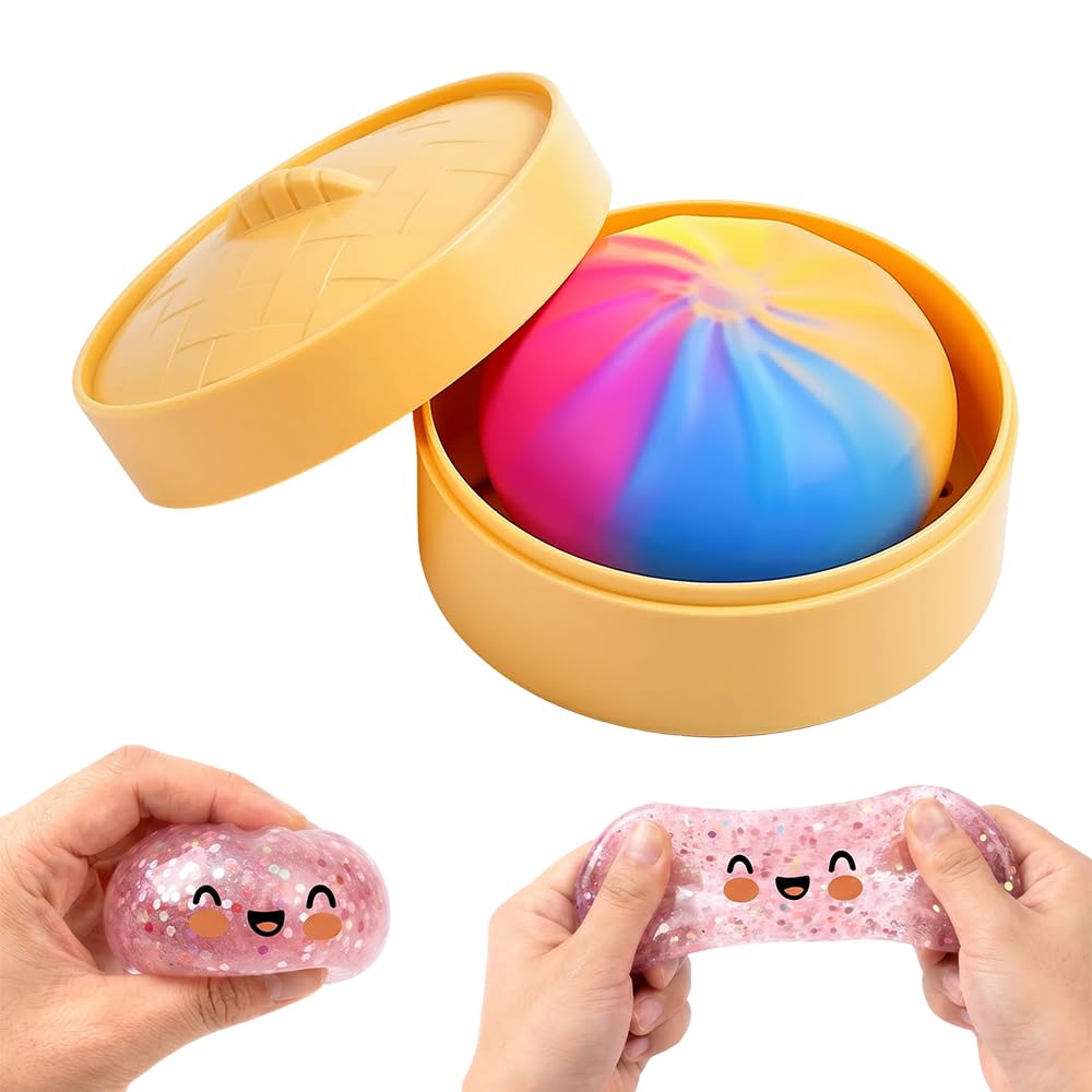 2026 New Shimmering Dumpling Squishies, Dumpling Squishy Mystery Box, Colorful Dumplings Stress Balls Fidget Sensory, Squeeze Dough Ball Stress Relief Hand with Food Steamer Stretchy Desk