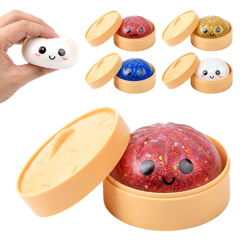 2026 New Shimmering Dumpling Squishies, Dumpling Squishy Mystery Box, Colorful Dumplings Stress Balls Fidget Sensory, Squeeze Dough Ball Stress Relief Hand with Food Steamer Stretchy Desk