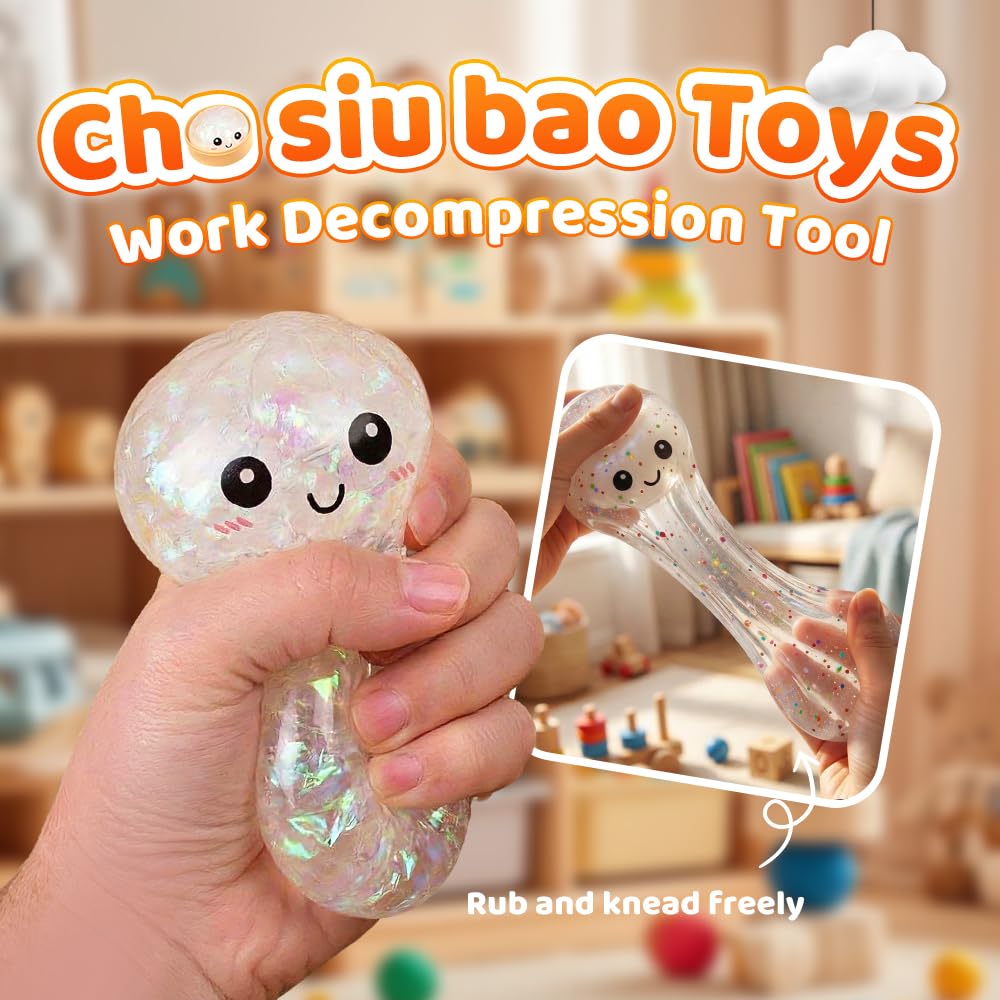 2026 New Shimmering Dumpling Squishies, Dumpling Squishy Mystery Box, Colorful Dumplings Stress Balls Fidget Sensory, Squeeze Dough Ball Stress Relief Hand with Food Steamer Stretchy Desk