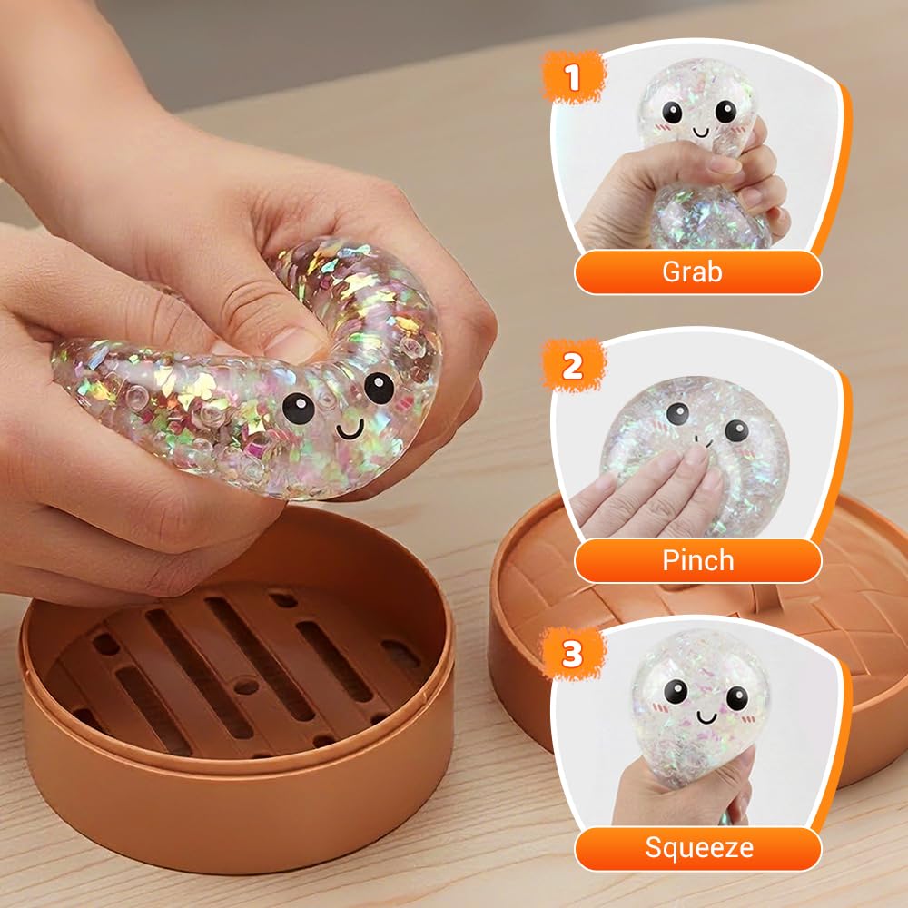 2026 New Shimmering Dumpling Squishies, Dumpling Squishy Mystery Box, Colorful Dumplings Stress Balls Fidget Sensory, Squeeze Dough Ball Stress Relief Hand with Food Steamer Stretchy Desk