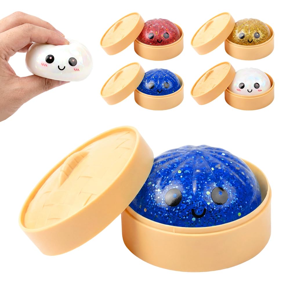 2026 New Shimmering Dumpling Squishies, Dumpling Squishy Mystery Box, Colorful Dumplings Stress Balls Fidget Sensory, Squeeze Dough Ball Stress Relief Hand with Food Steamer Stretchy Desk
