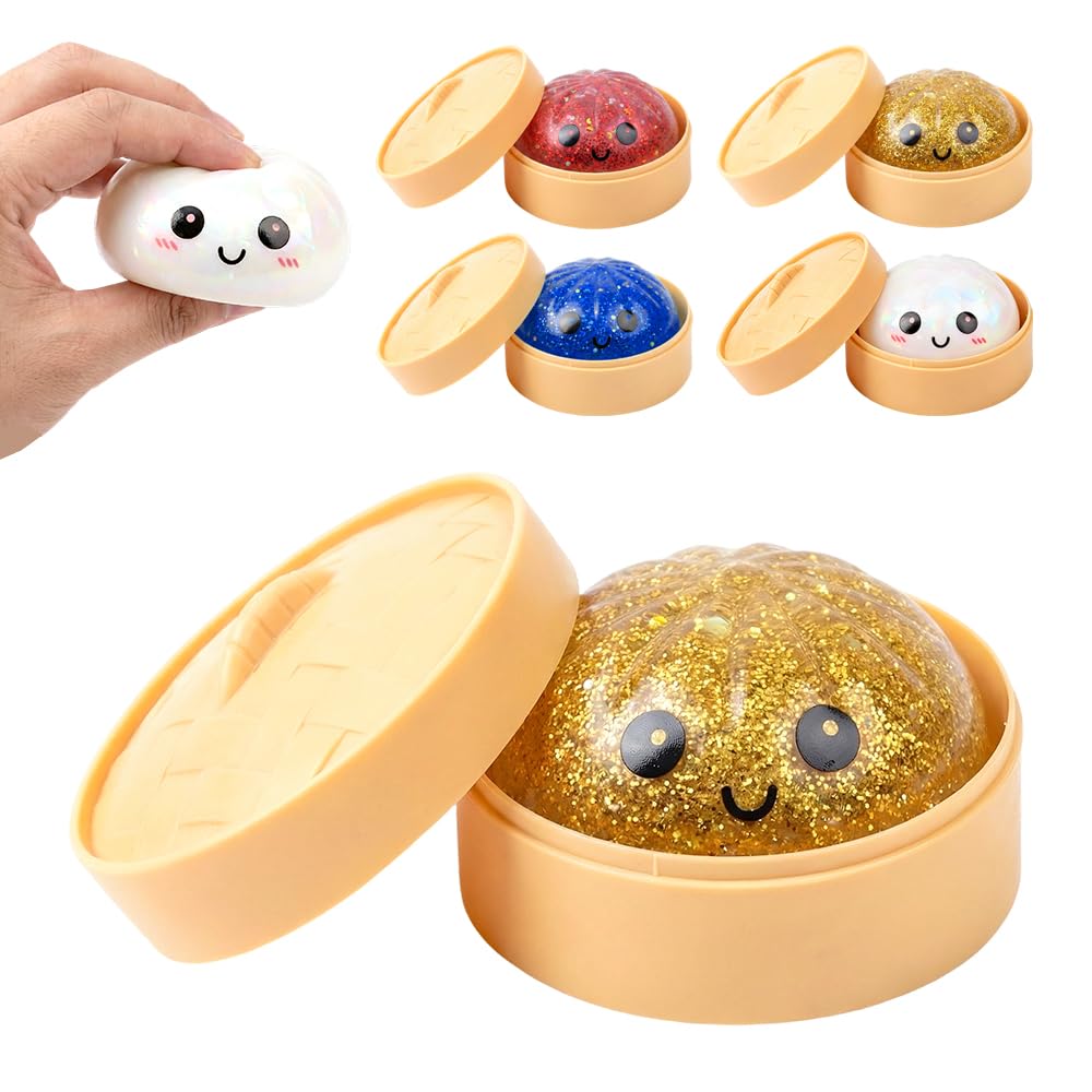 2026 New Shimmering Dumpling Squishies, Dumpling Squishy Mystery Box, Colorful Dumplings Stress Balls Fidget Sensory, Squeeze Dough Ball Stress Relief Hand with Food Steamer Stretchy Desk
