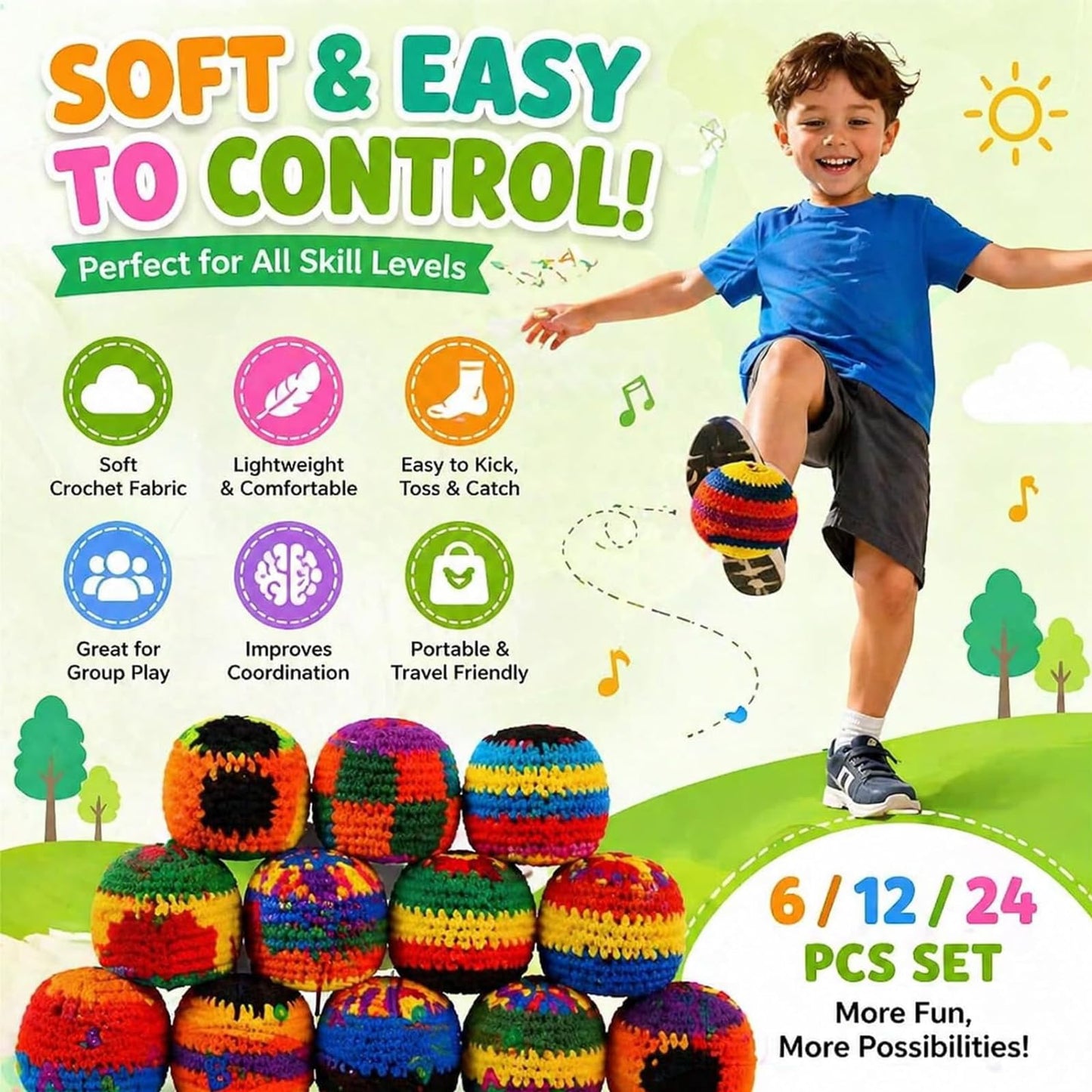 6/12/24PCS Crochet Footbag Set, 2026 New Knitted Kick Balls for Kids & Adults, Colorful Juggling Toss Bags, Handmade Footbags for Outdoor Games, Party, Playground & Travel