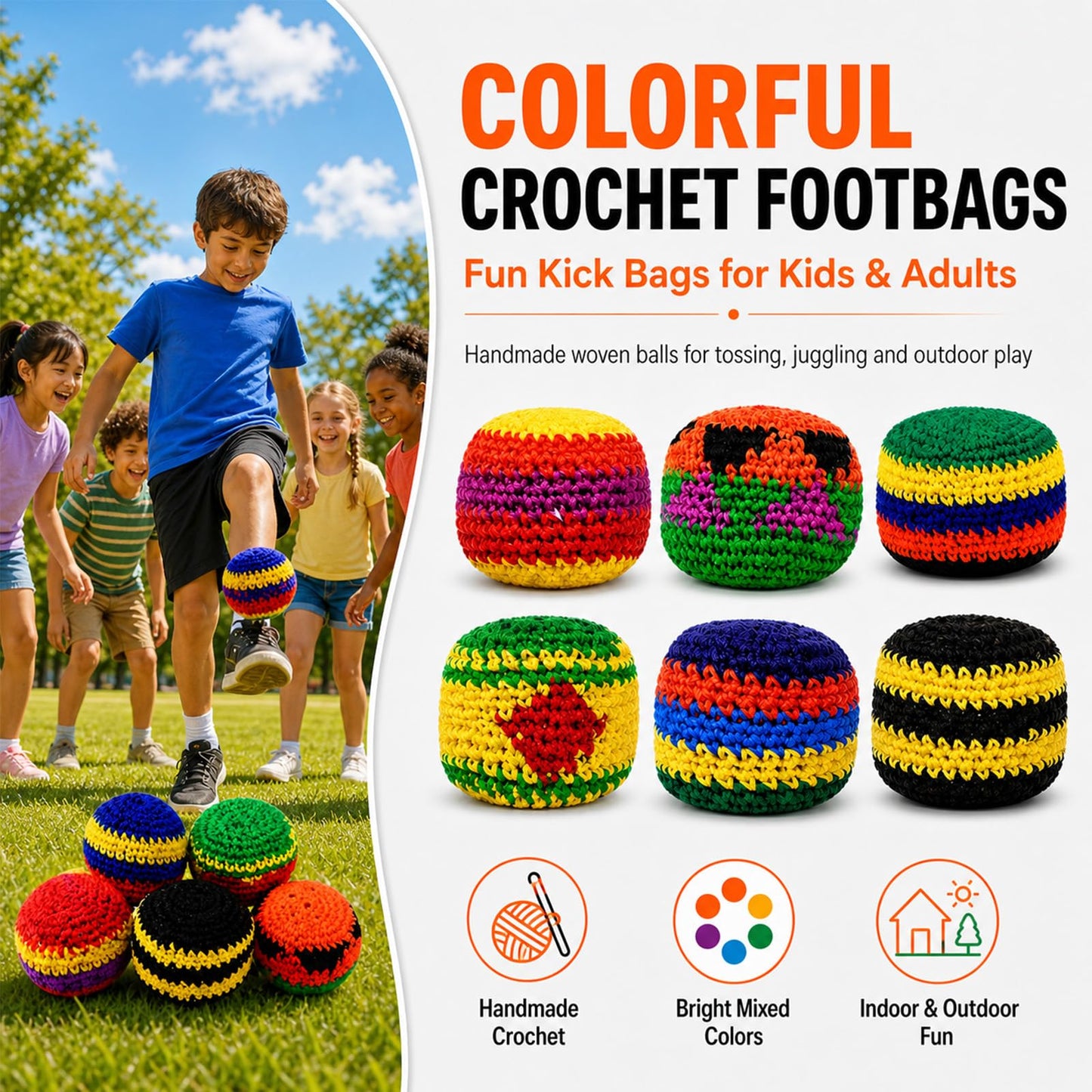 6/12/24PCS Crochet Footbag Set, 2026 New Knitted Kick Balls for Kids & Adults, Colorful Juggling Toss Bags, Handmade Footbags for Outdoor Games, Party, Playground & Travel