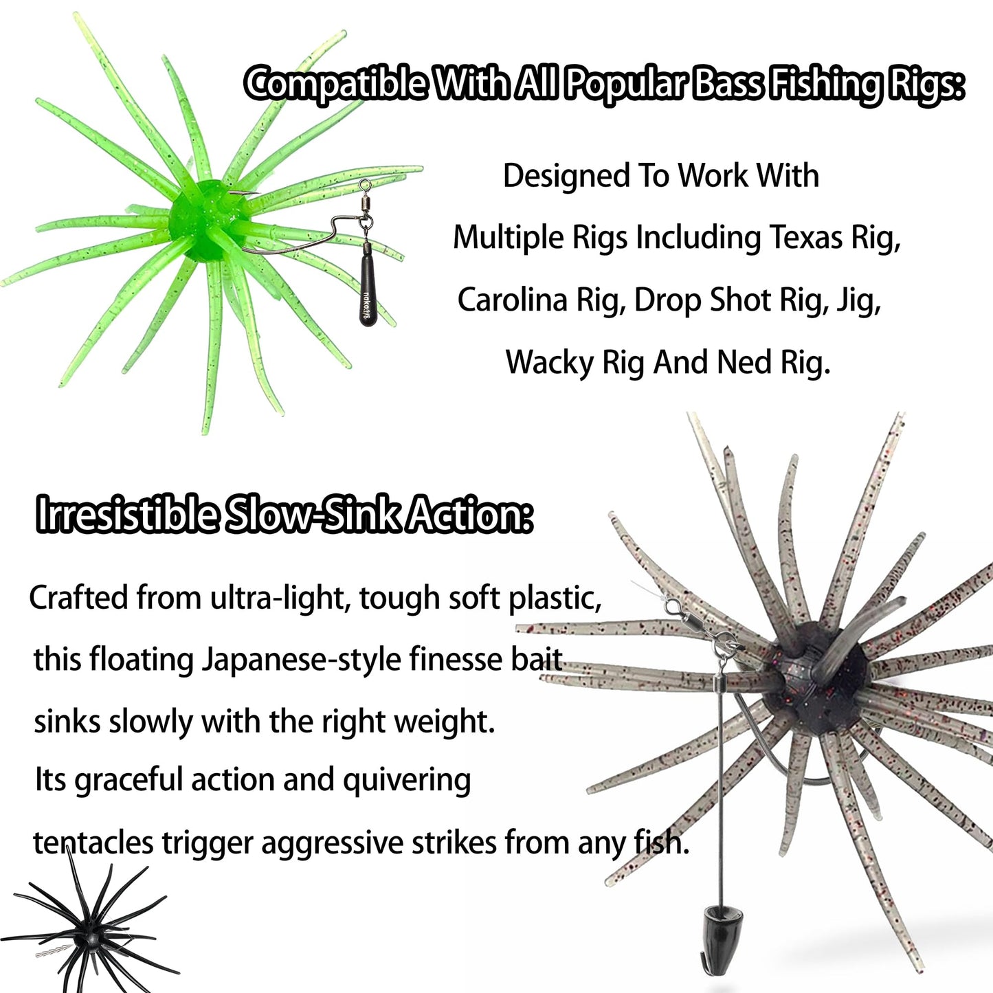 4Pcs Floating Sea Urchin Soft Lure | Tentacle Creature Lure, 4.33" & 3.54" TPR Finesse Baits, 5 Colors, Ideal for Bass Fishing with Drop Shot, Wacky Rig, Neko Rig