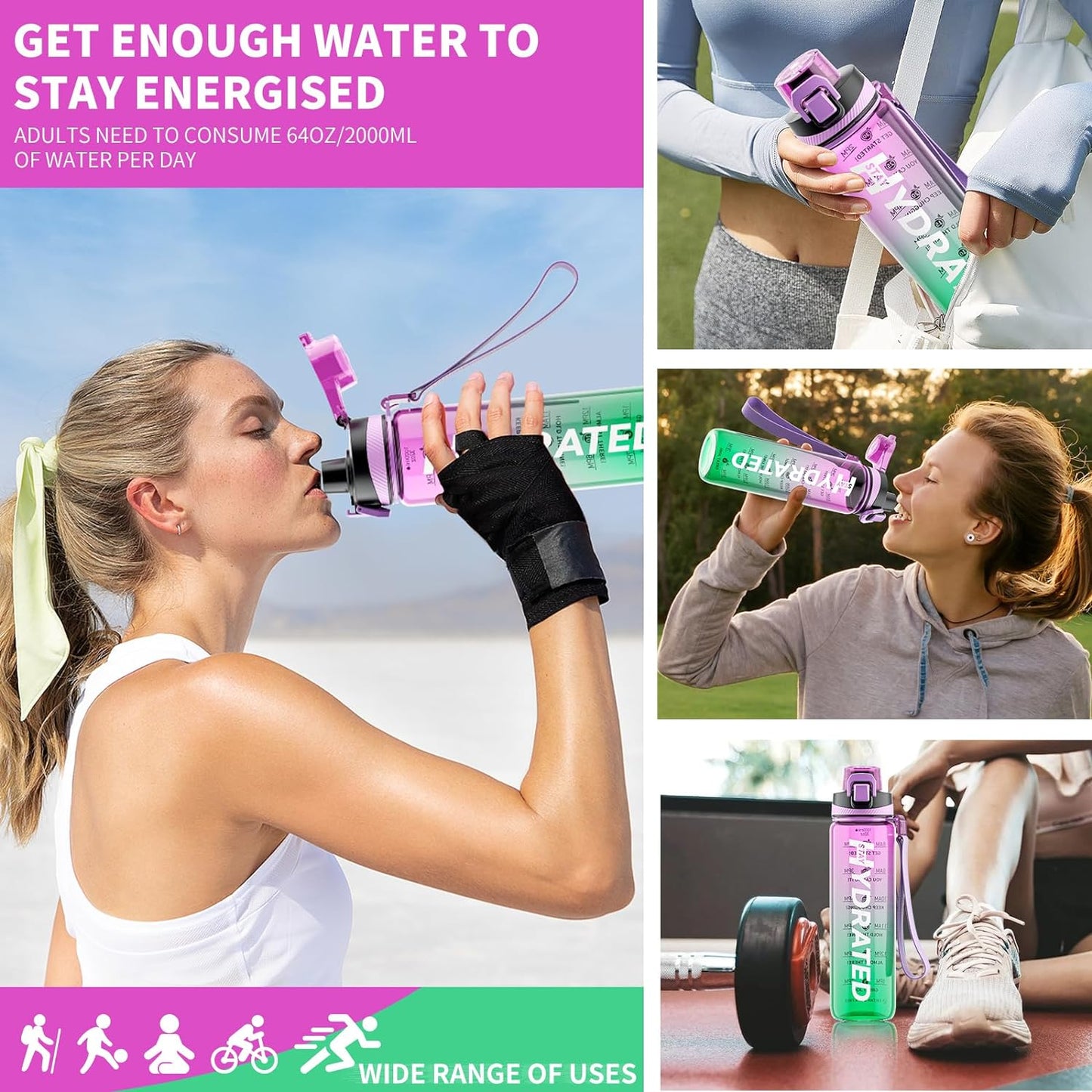 32 oz Motivational Water Bottles with Time Marker