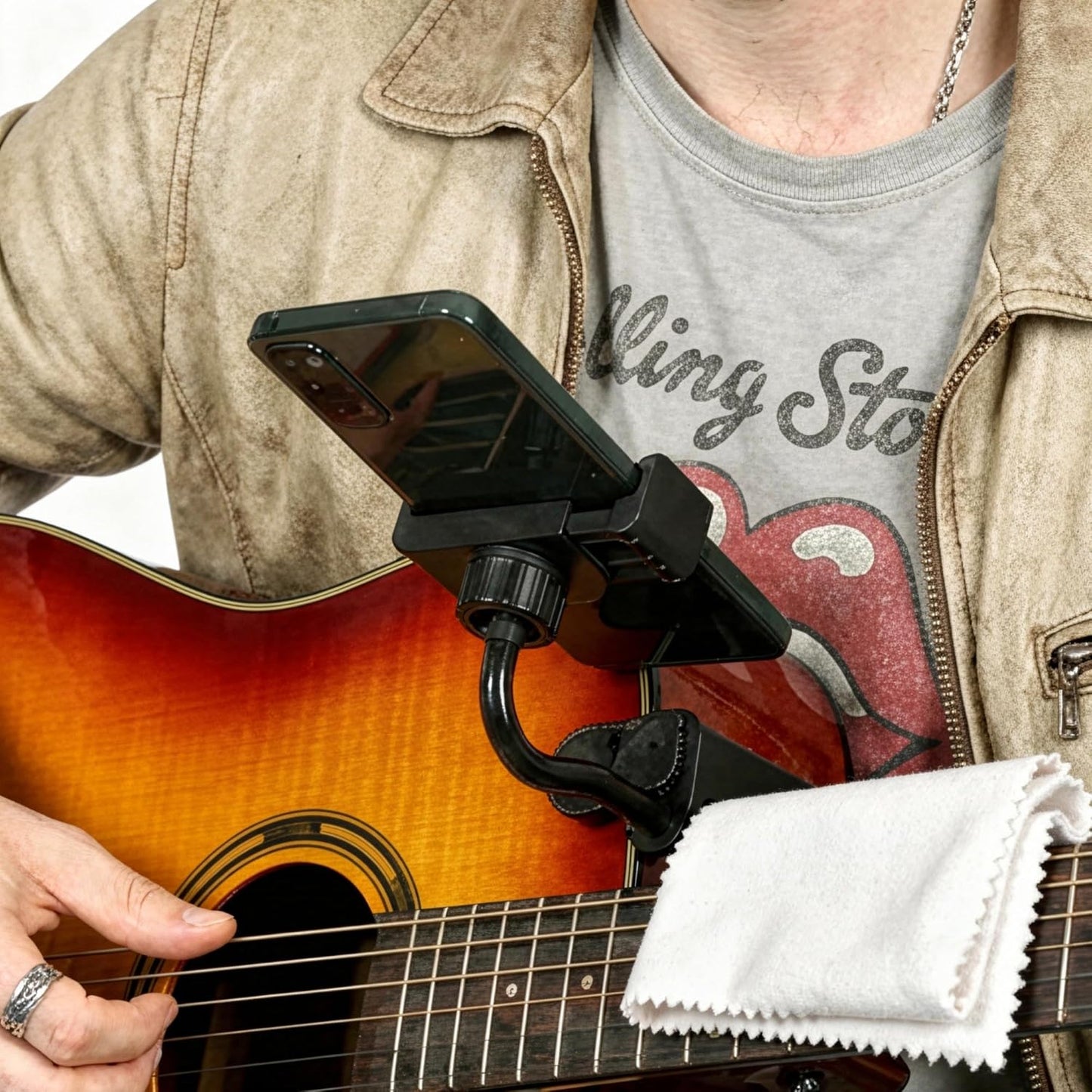 Guitar Phone Holder Mount for Acoustic Guitars & Ukuleles Includes Cleaning Cloth