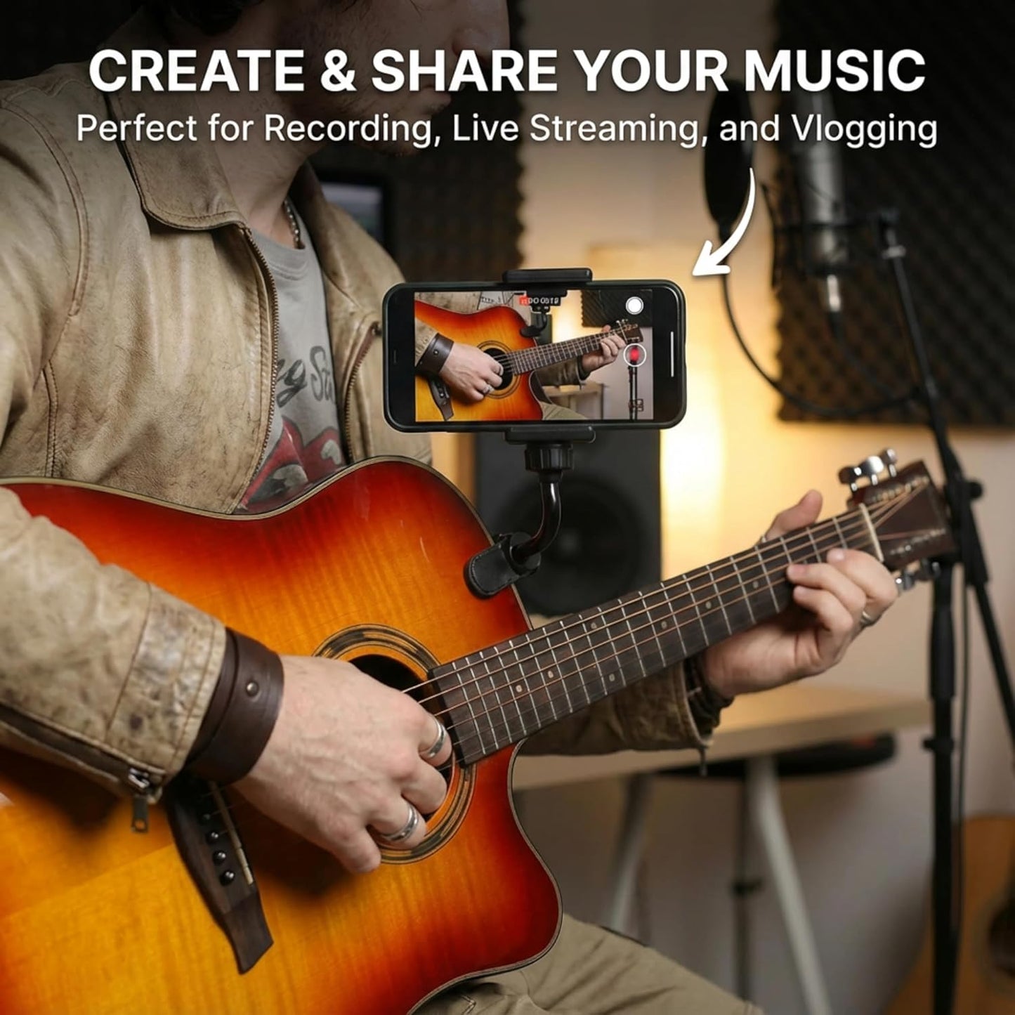 Guitar Phone Holder Mount for Acoustic Guitars & Ukuleles Includes Cleaning Cloth