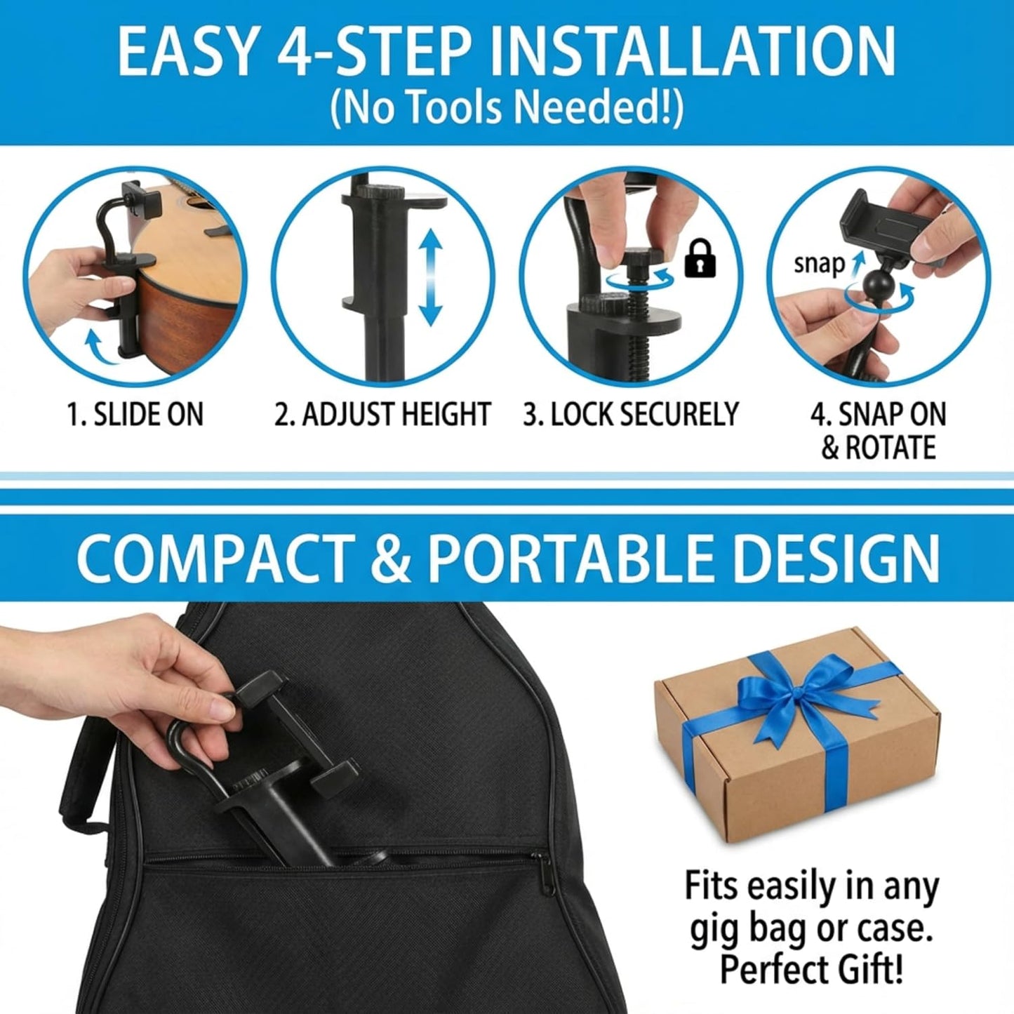 Guitar Phone Holder Mount for Acoustic Guitars & Ukuleles Includes Cleaning Cloth