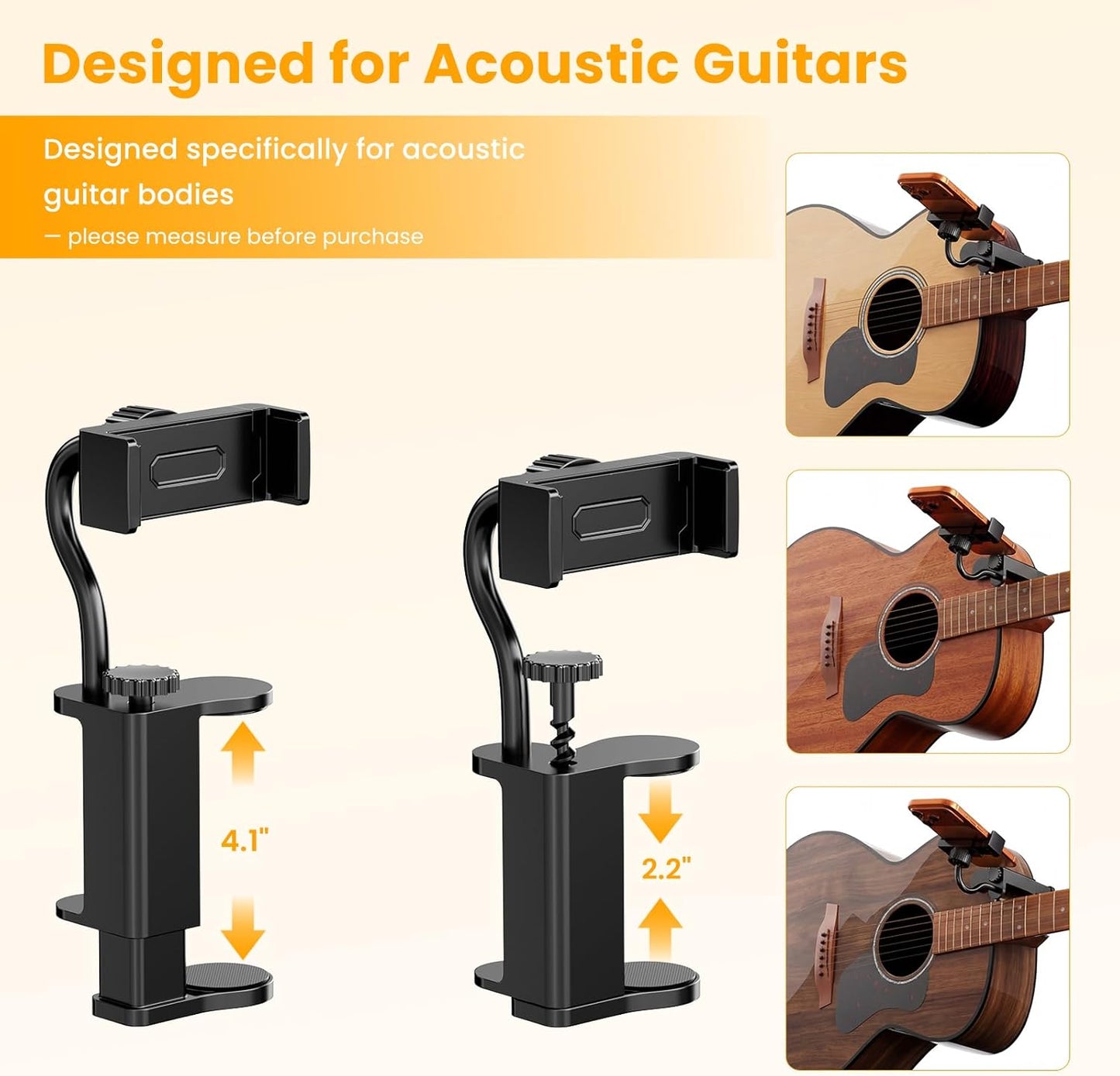 Guitar Phone Holder Mount for Acoustic Guitars & Ukuleles Includes Cleaning Cloth