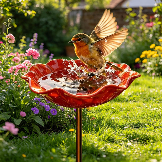 Handmade Metal Flower Garden Stake Bird Bath Bowl
