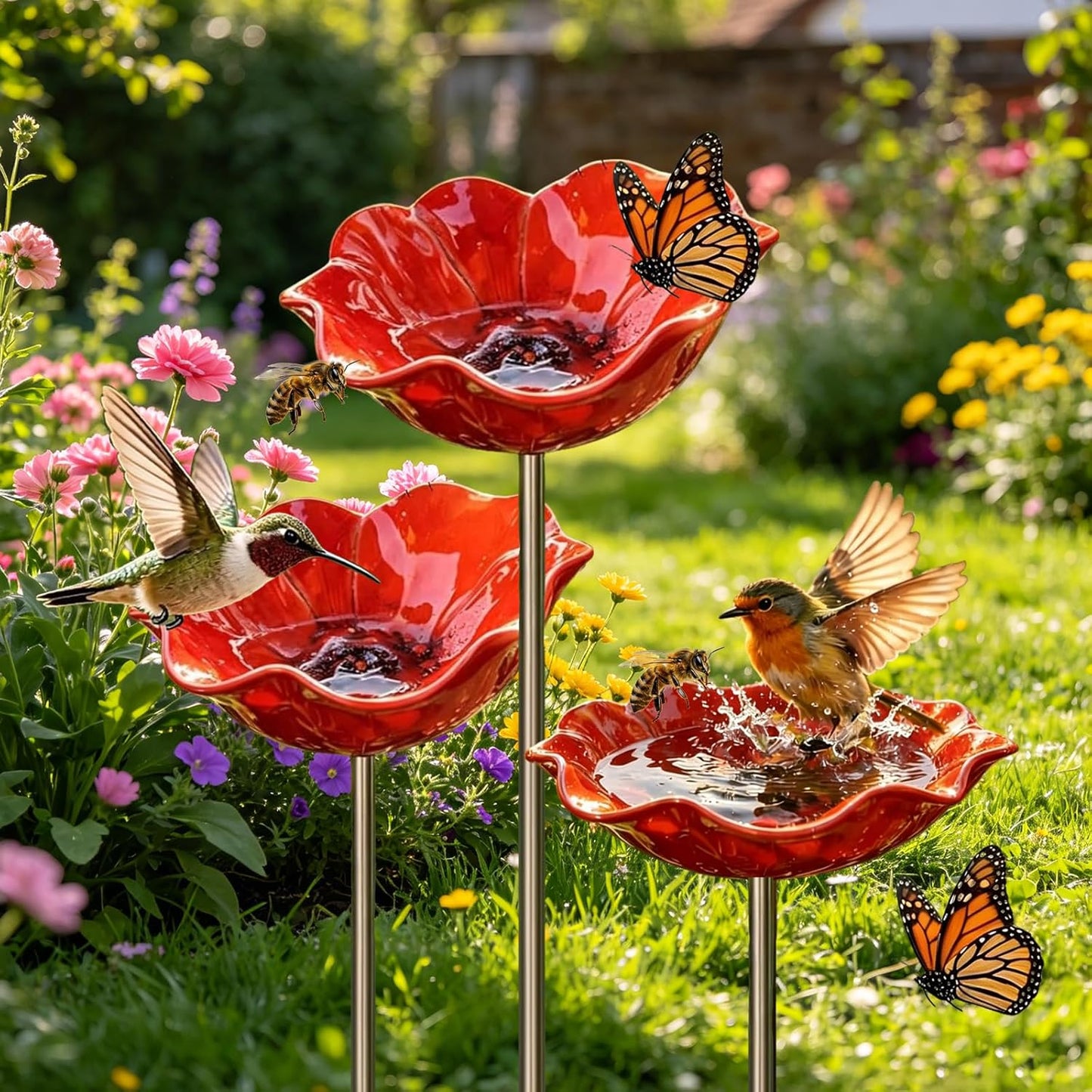 Handmade Metal Flower Garden Stake Bird Bath Bowl