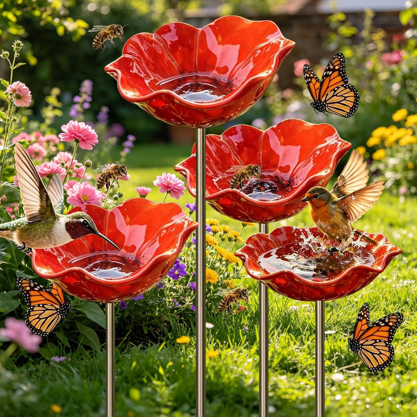 Handmade Metal Flower Garden Stake Bird Bath Bowl