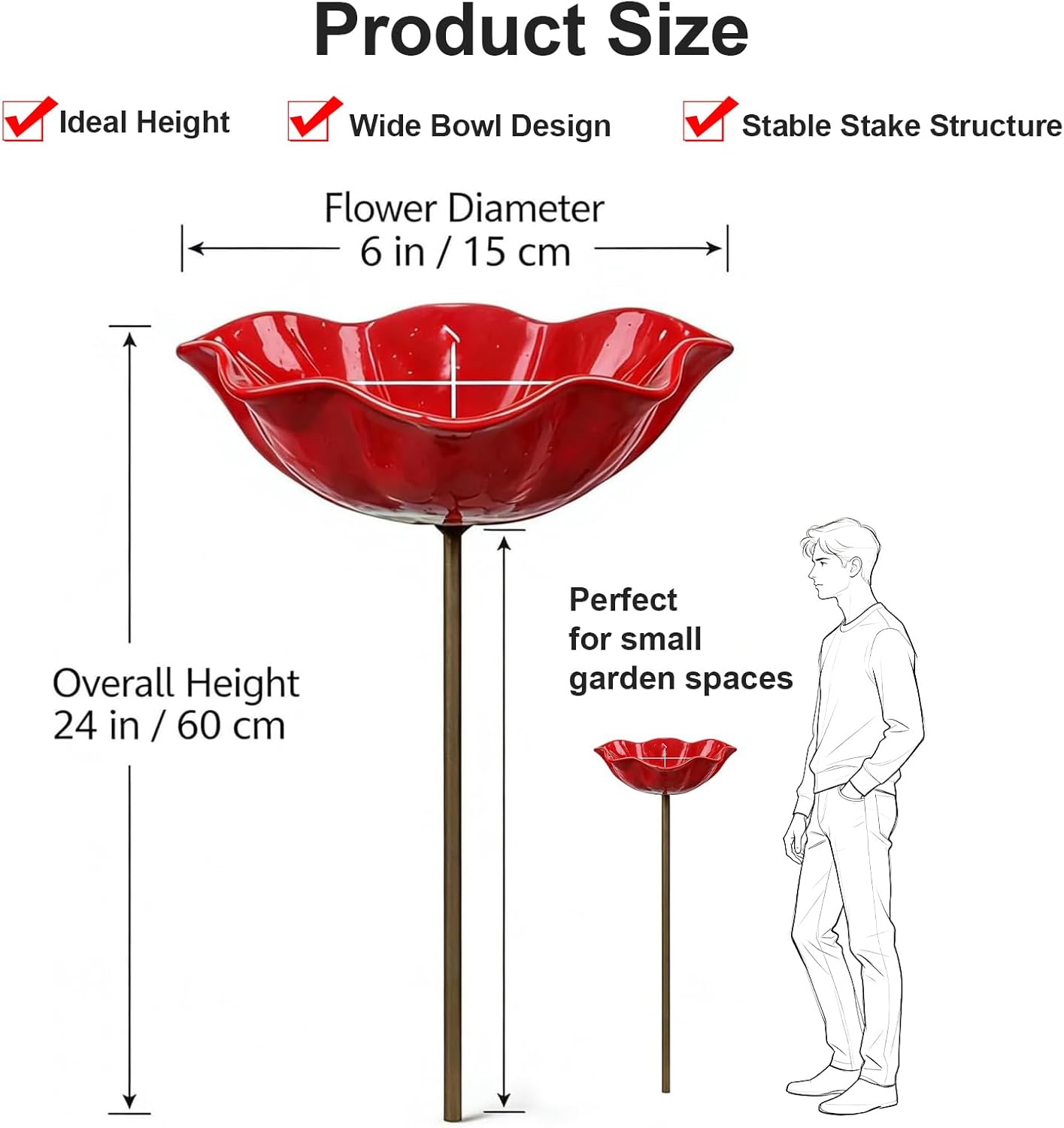 Handmade Metal Flower Garden Stake Bird Bath Bowl