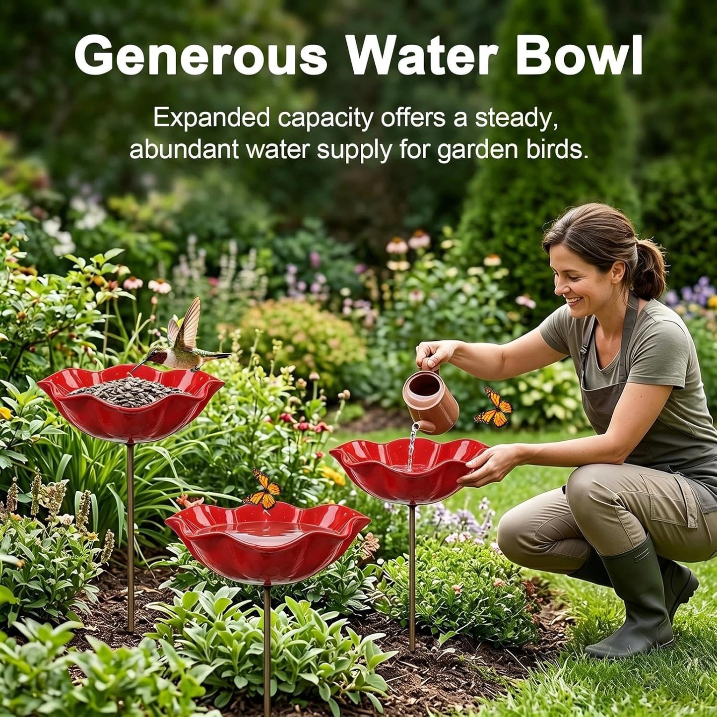 Handmade Metal Flower Garden Stake Bird Bath Bowl
