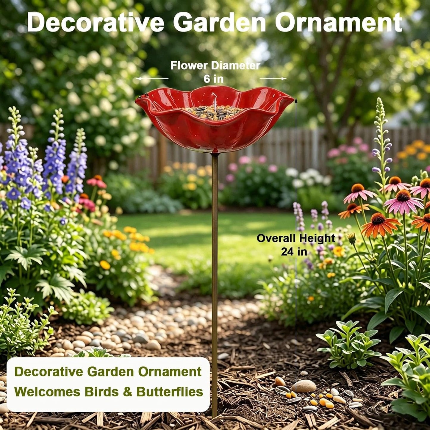 Handmade Metal Flower Garden Stake Bird Bath Bowl