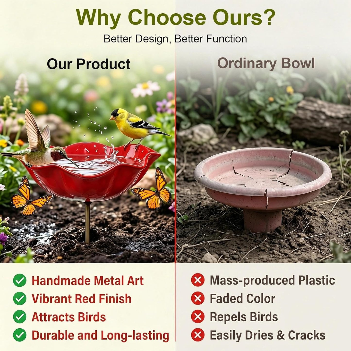Handmade Metal Flower Garden Stake Bird Bath Bowl