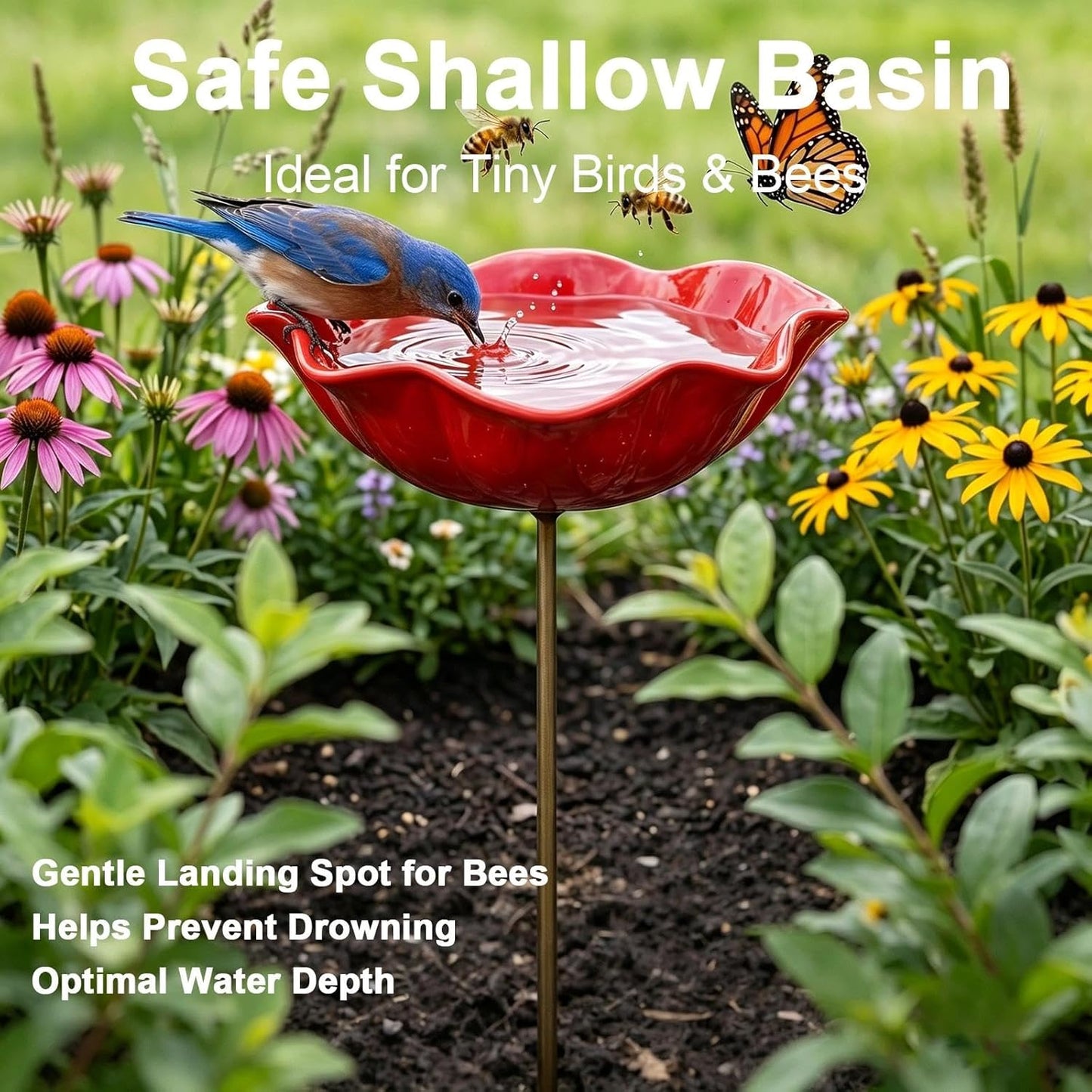Handmade Metal Flower Garden Stake Bird Bath Bowl