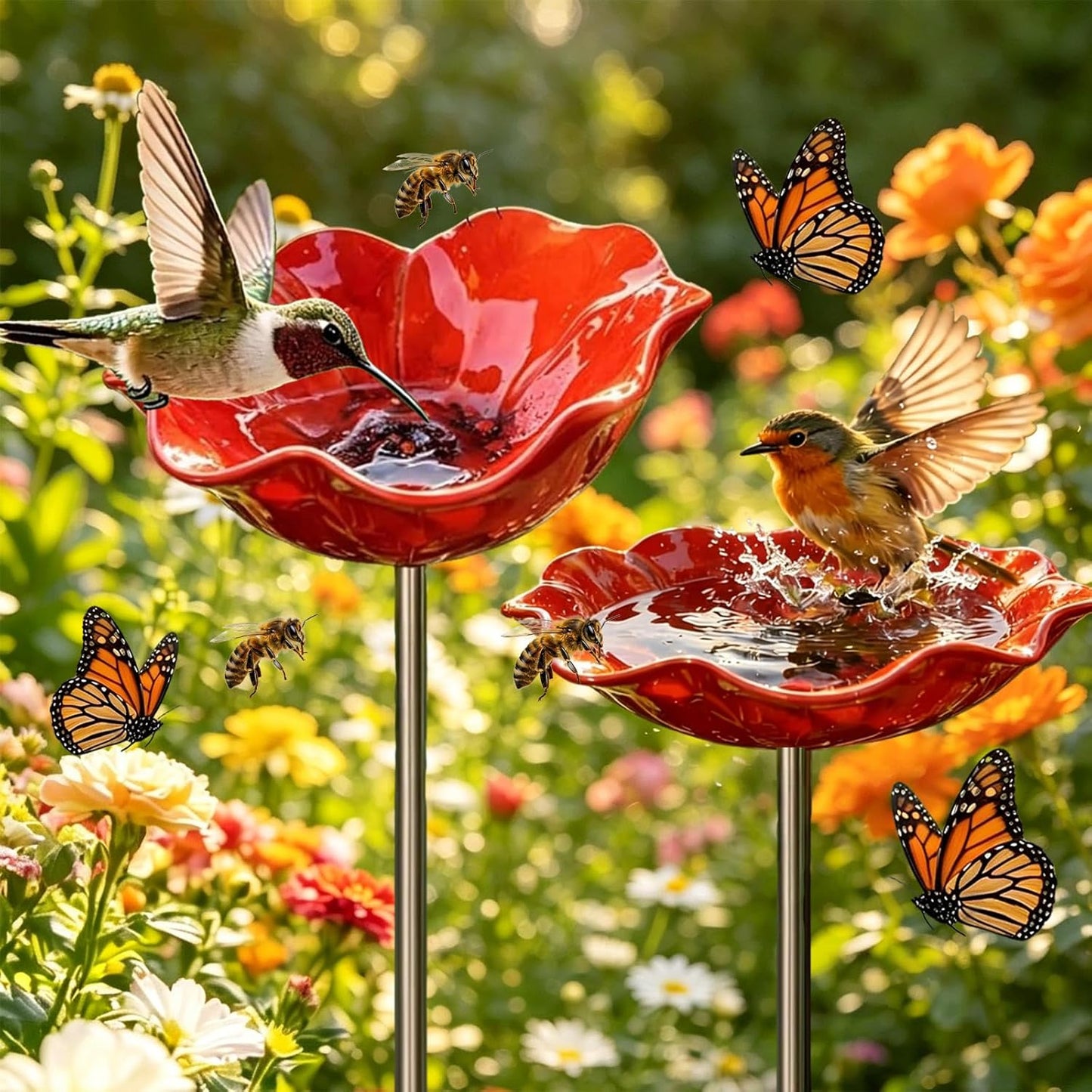 Handmade Metal Flower Garden Stake Bird Bath Bowl