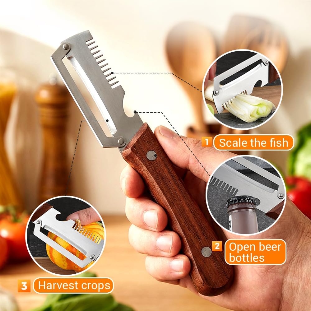 Premium Vegetable Peeler with Wooden Handle and Bottle Opener