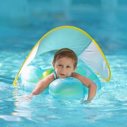 Free Swimming Baby Inflatable Baby Swimming Float with Bottom Support and Retractable Fabric Canopy for Safer Swims