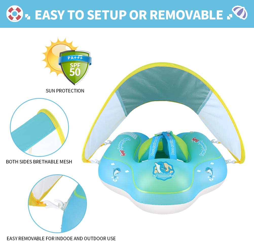 Free Swimming Baby Inflatable Baby Swimming Float with Bottom Support and Retractable Fabric Canopy for Safer Swims